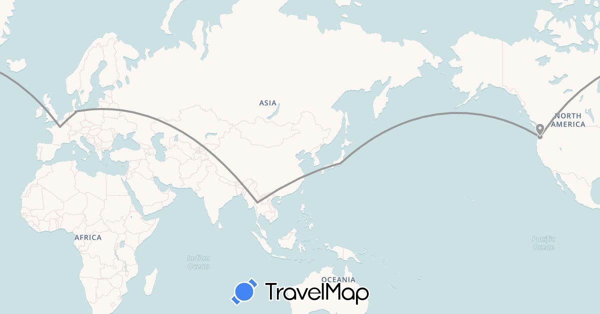 TravelMap itinerary: driving, plane in Germany, France, Japan, Thailand, United States (Asia, Europe, North America)